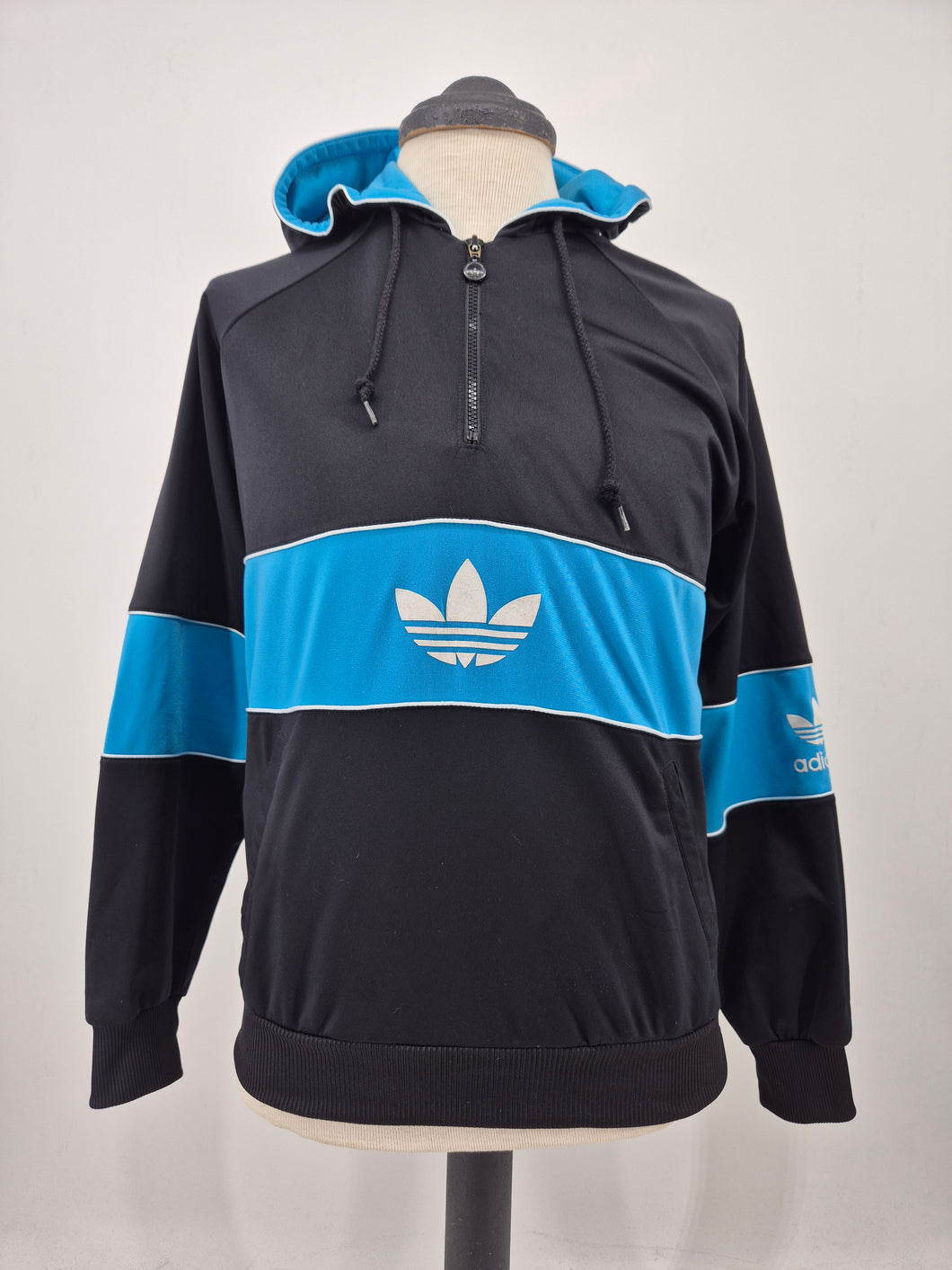 90s vintage adidas Originals Trefoil Firebird 3/4 Hooded Zip Pullover S Black Blue