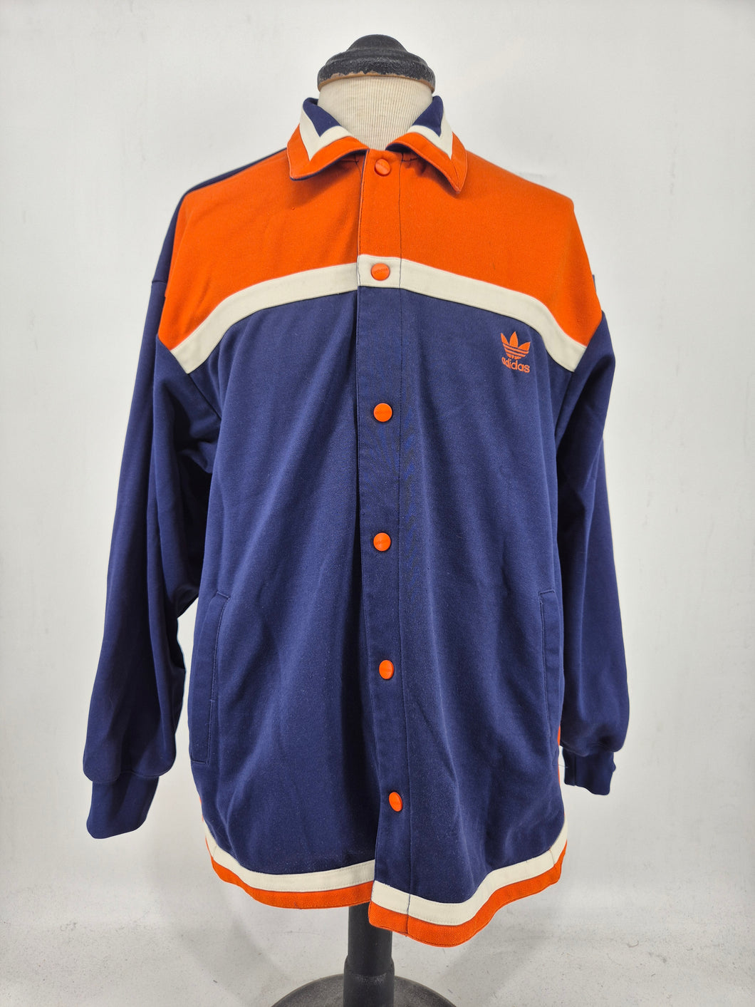 Vintage 80s adidas Originals Button Up Heavy Overshirt M Navy Orange made in Malaysia